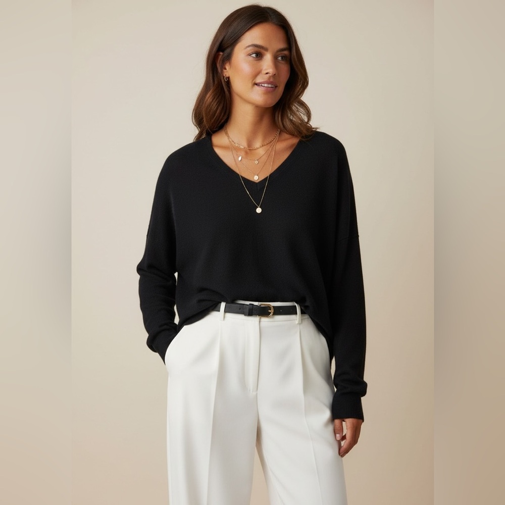 Black Brown 1826 Merino Wool Black V-Neck Sweater Long Sleeve Large
